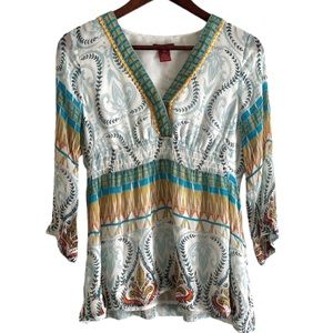 Sundance 100% Silk Multicolored Boho Empire Peasant V-Neck Top Size PM